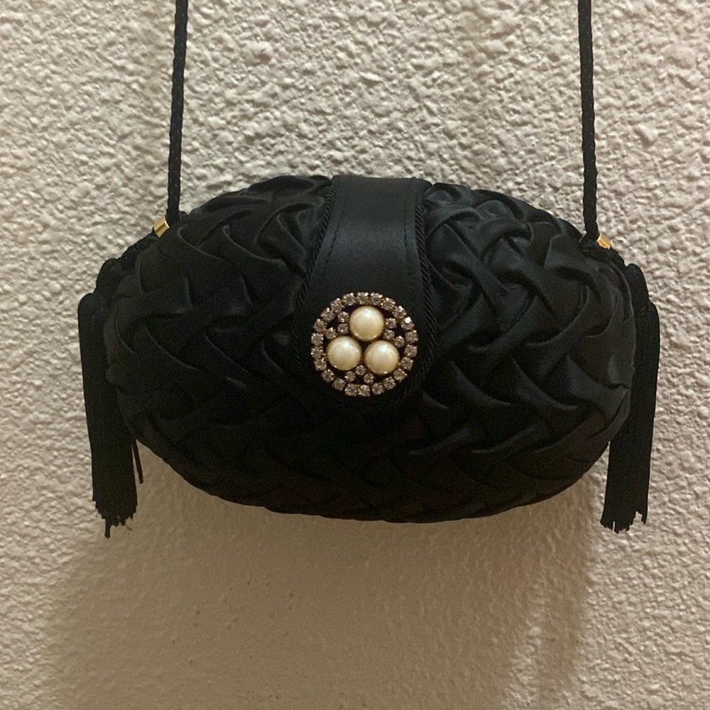 Carlo Fellini black evening bag. Rhinestone/Faux Pearl detail.